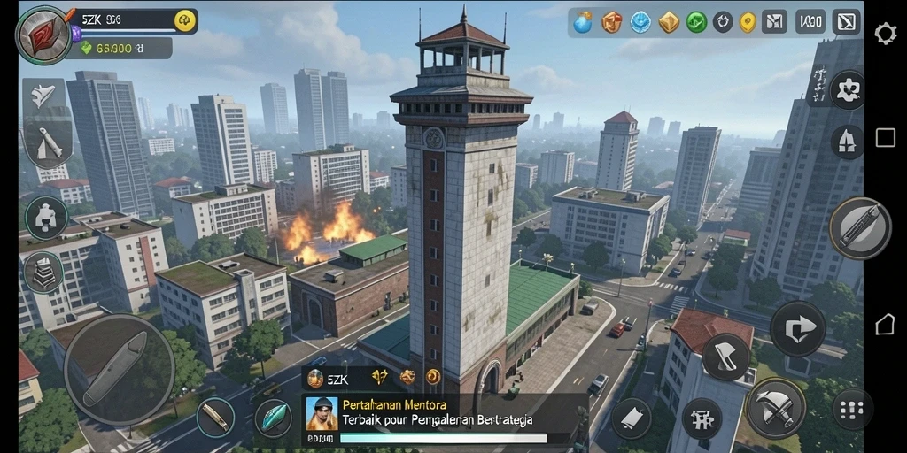 Tampilan gameplay 5ZK dengan menara pertahanan aktif melawan gelombang musuh.