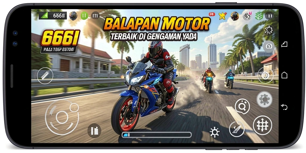 Tampilan gameplay seru di 666I dengan aksi balapan motor yang mendebarkan.