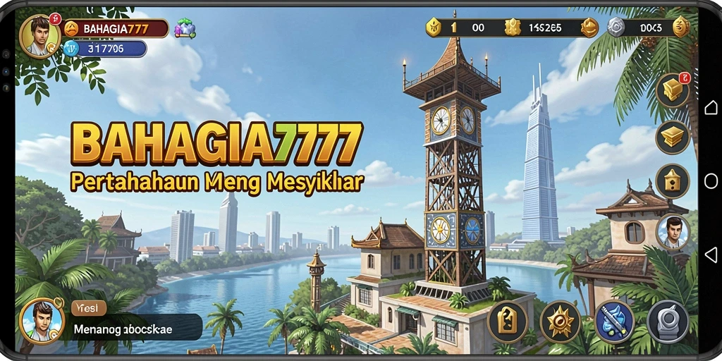 Tampilan gameplay <strong>BAHAGIA777</strong> dengan menara berfungsi dan musuh yang menyerbu.