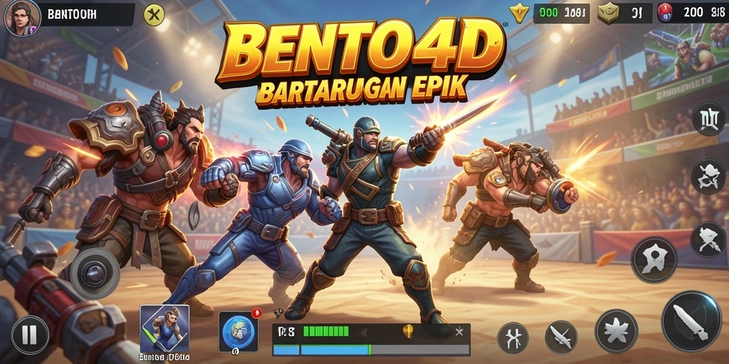 Screenshot gameplay BENTO4D menunjukkan pertempuran seru dalam arena.