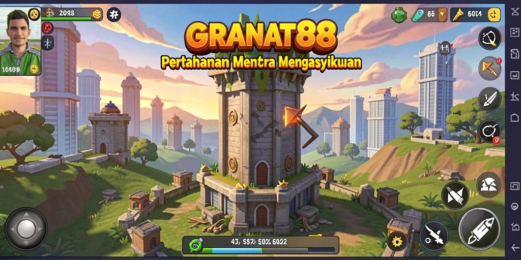 Tampilan gameplay <strong>GRANAT88</strong> dengan berbagai menara dan musuh yang menantang.
