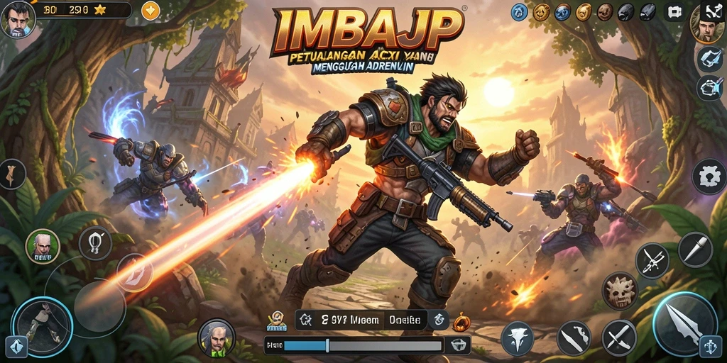Screenshot utama IMBAJP yang menunjukkan pertarungan karakter dalam aksi.