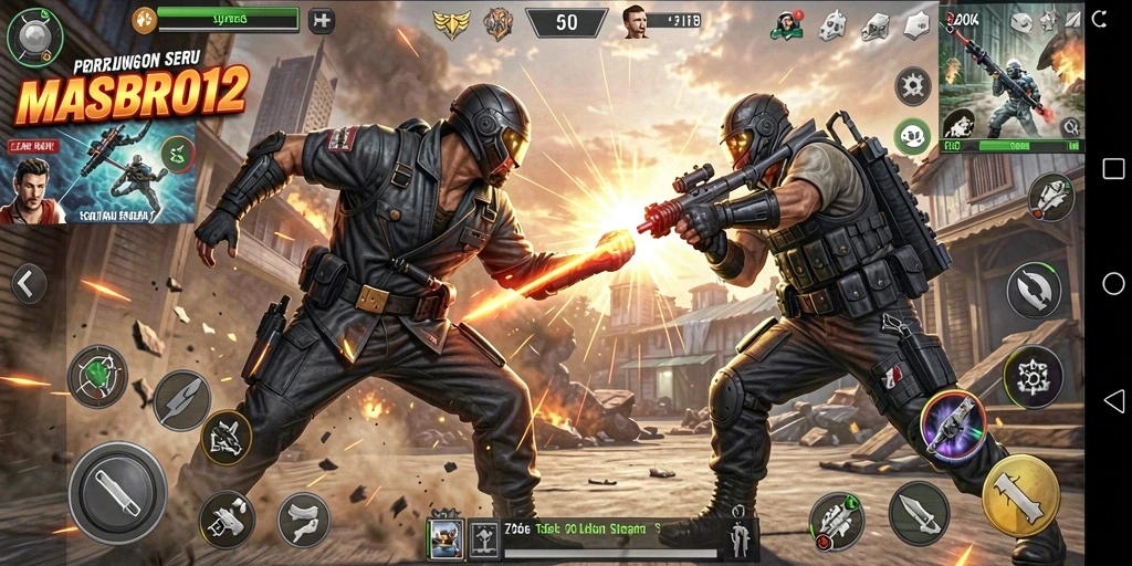 Screenshot menunjukkan pertarungan intens di MASBRO12 dengan karakter yang beraksi.