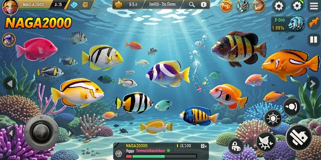 Screenshot gameplay NAGA2000 yang menampilkan aksi Tembak Ikan.