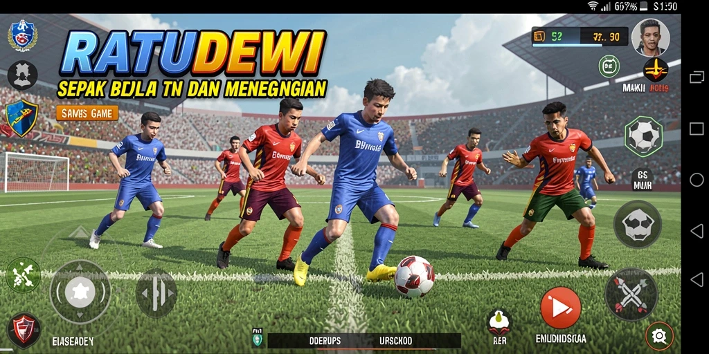 Tampilan gameplay <strong>RATUDEWI</strong> yang mendebarkan di lapangan sepak bola.