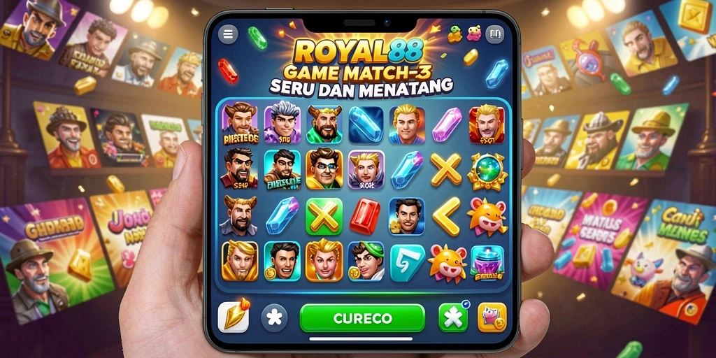 Menampilkan aksi seru dari gameplay Match-3 ROYAL88 yang penuh warna.