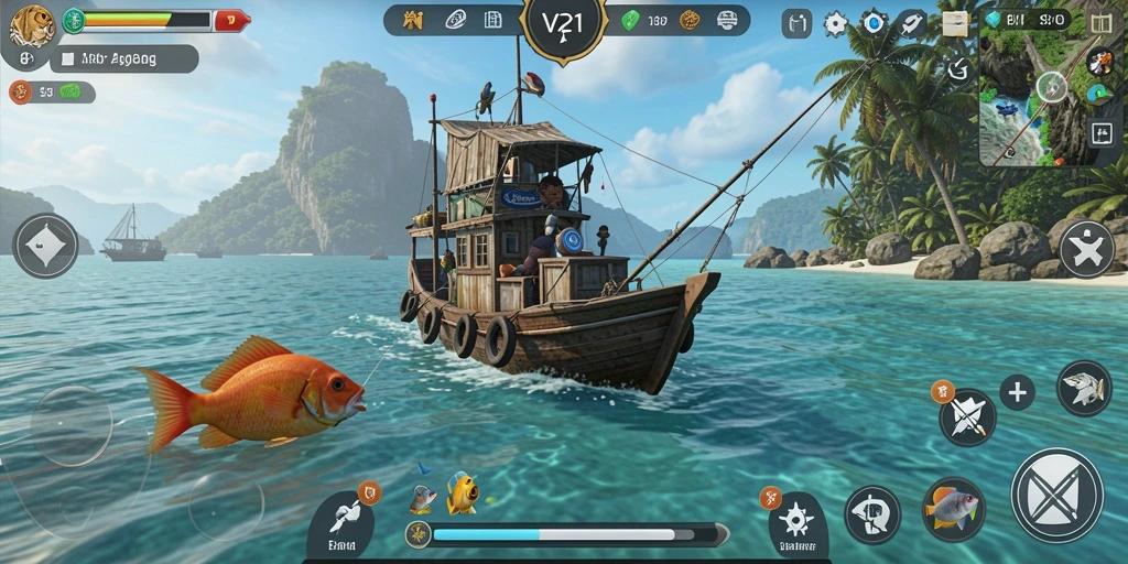 Screenshot gameplay V21 menampilkan aksi memancing di laut yang menantang.