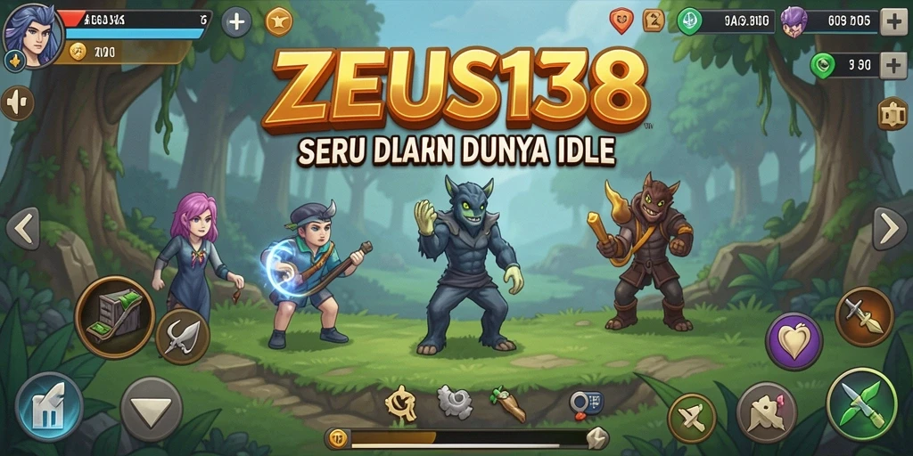 Screenshot utama ZEUS138 menampilkan karakter dan gameplay seru dalam mode Idle.
